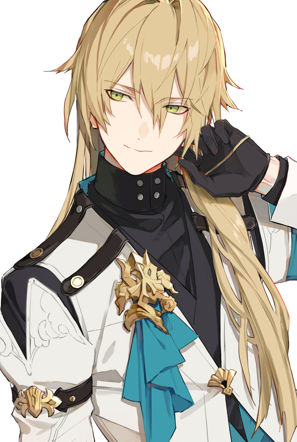 1boy, androgynous, bishounen, black_gloves, black_shirt, blonde_hair, facing_viewer, gloves, green_eyes, hand_in_own_hair, highres, honkai:_star_rail, honkai_(series), jacket, long_hair, looking_to_the_side, luocha_(honkai:_star_rail), male_focus, shirt, solo, turtleneck, white_background, white_jacket, zangyaacco