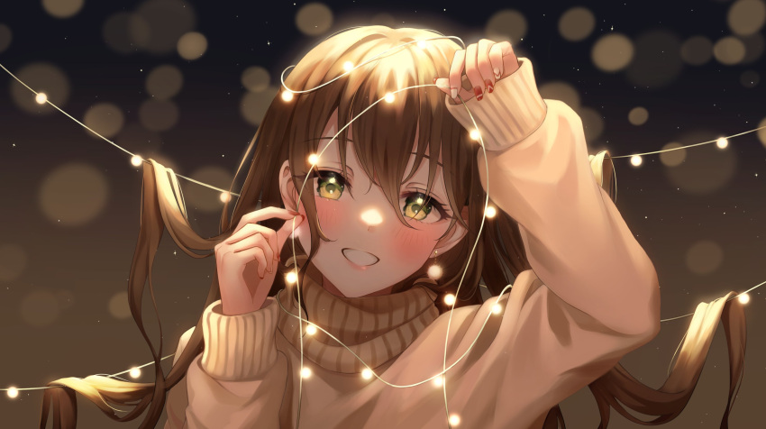 1girl, blush, brown_hair, christmas_lights, gloria_(gloriao3o), green_eyes, hair_between_eyes, highres