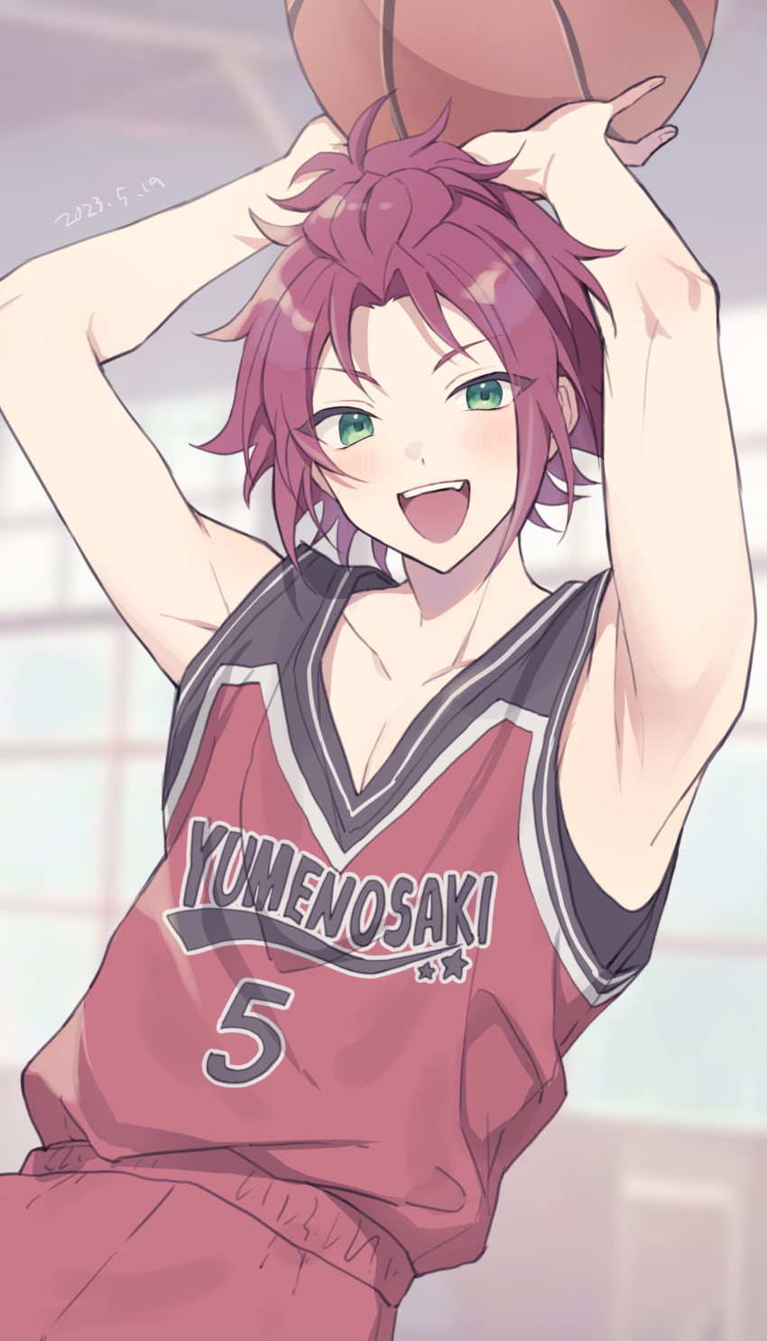 1boy, absurdres, basketball, black_shirt, blush, ensemble_stars!, green_eyes, highres