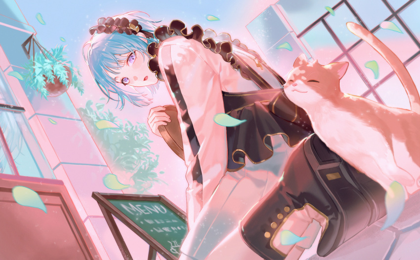 1boy, androgynous, apron, black_apron, black_footwear, boots, cafe, cat