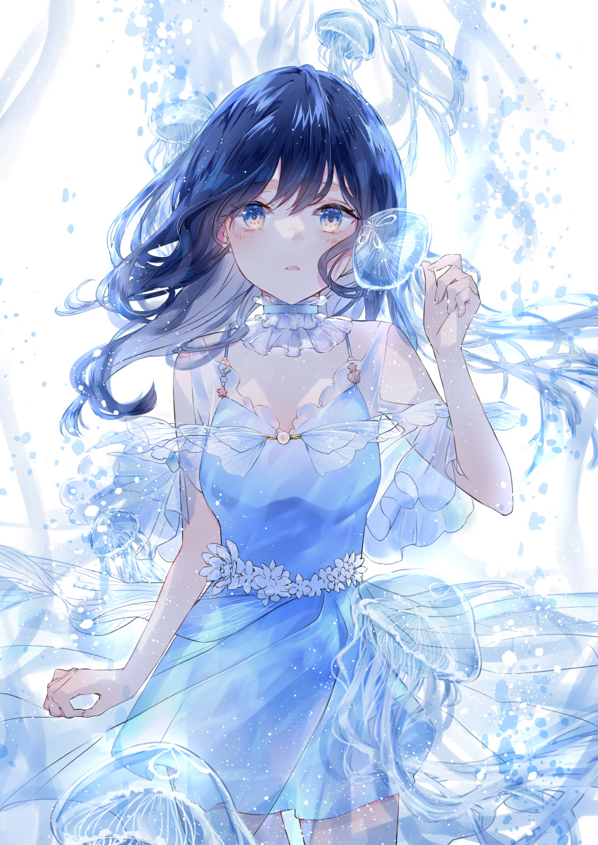 1girl, absurdres, blue_dress, blue_eyes, blue_hair, blue_theme, breasts, collar