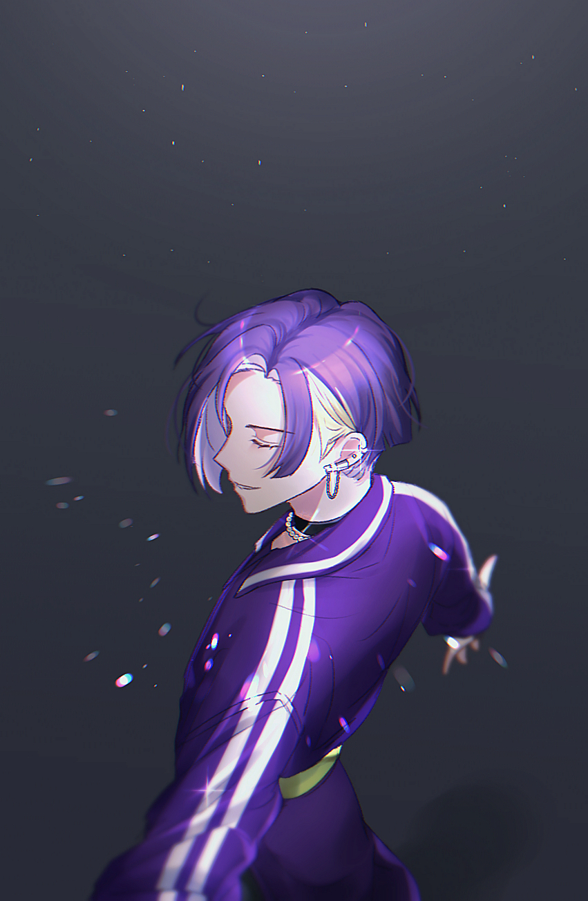 1boy, belt, black_background, black_choker, blonde_hair, choker, closed_eyes, earrings