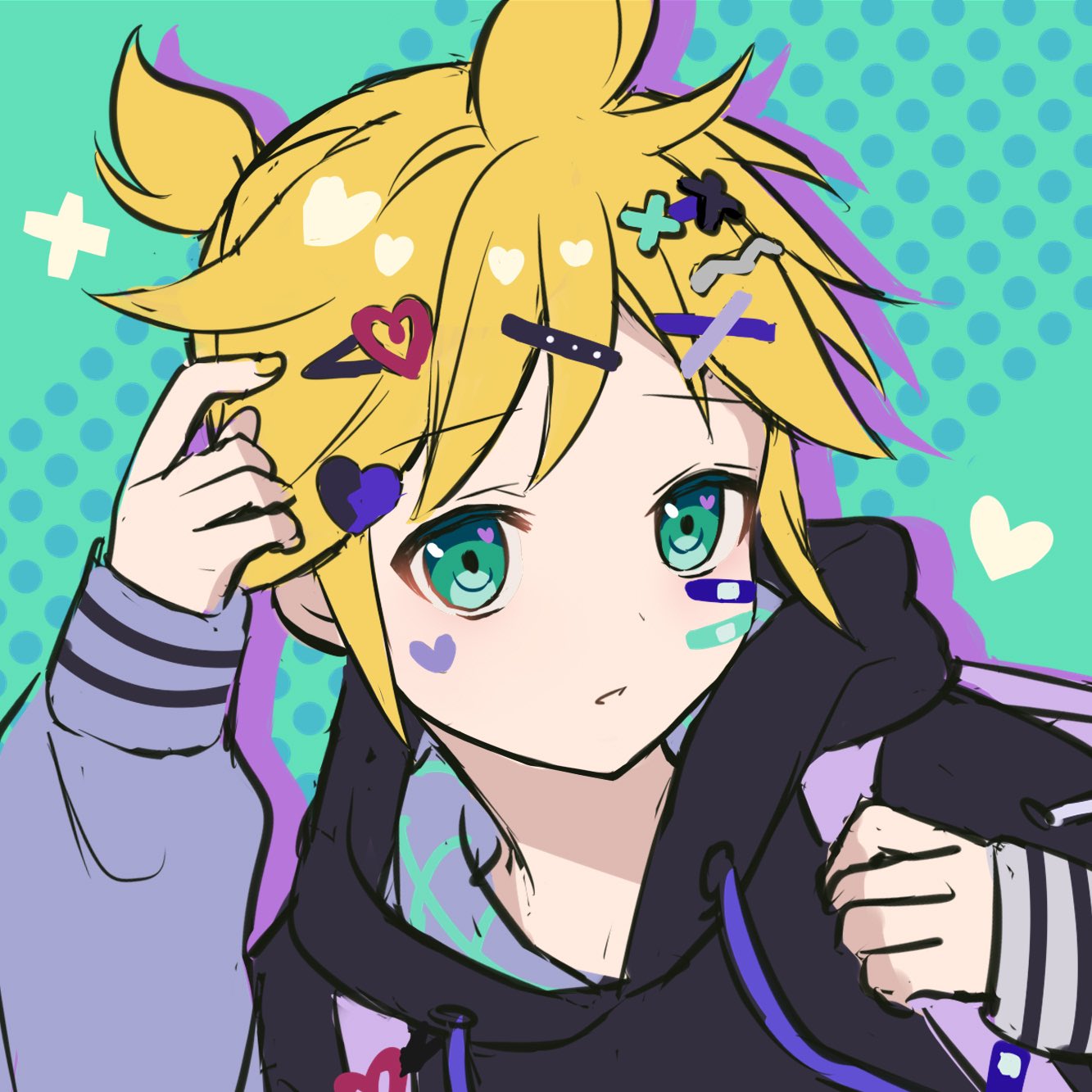 1boy, 25-ji_len, 25-ji_nightcord_de._(project_sekai), arm_up, bandaid, bandaid_on_cheek, bandaid_on_face, black_hoodie