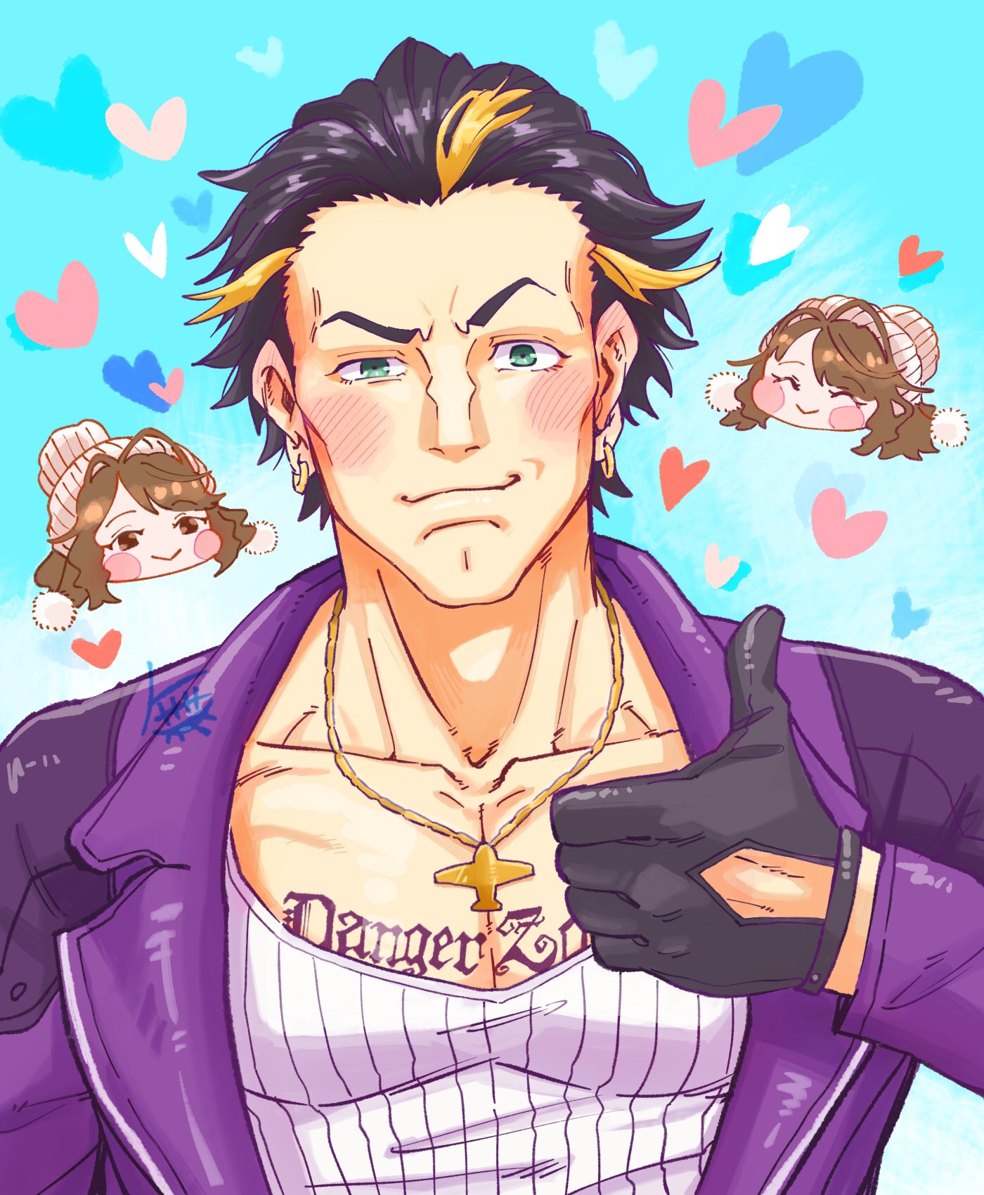 1boy, 1girl, ai_the_somnium_files, ai_the_somnium_files:_nirvana_initiative, black_gloves, black_hair, blonde_hair, blush