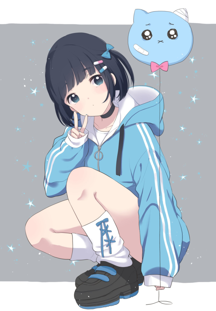 1girl, balloon, black_footwear, black_hair, blue_eyes, blush, bow, commentary_request