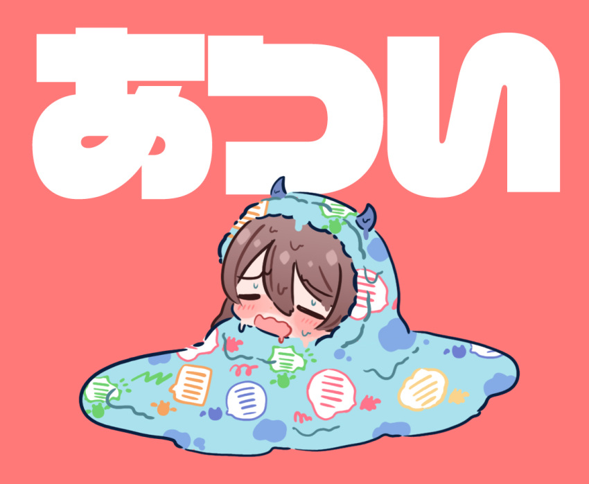 1girl, blush, brown_hair, drooling, hair_between_eyes, hood, hood_up, hot