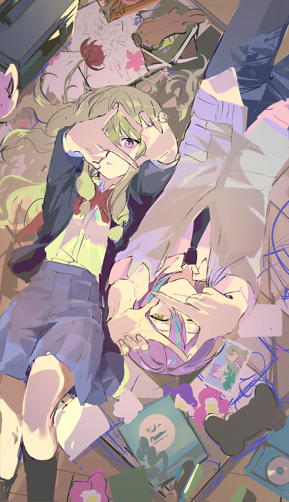 1boy, 1girl, black_socks, blazer, blue_hair, bow, bowtie, cardigan