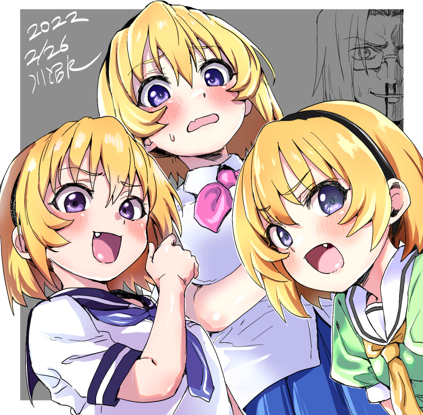 1boy, 3girls, :d, arm_up, black_headband, blonde_hair, blood, blue_eyes