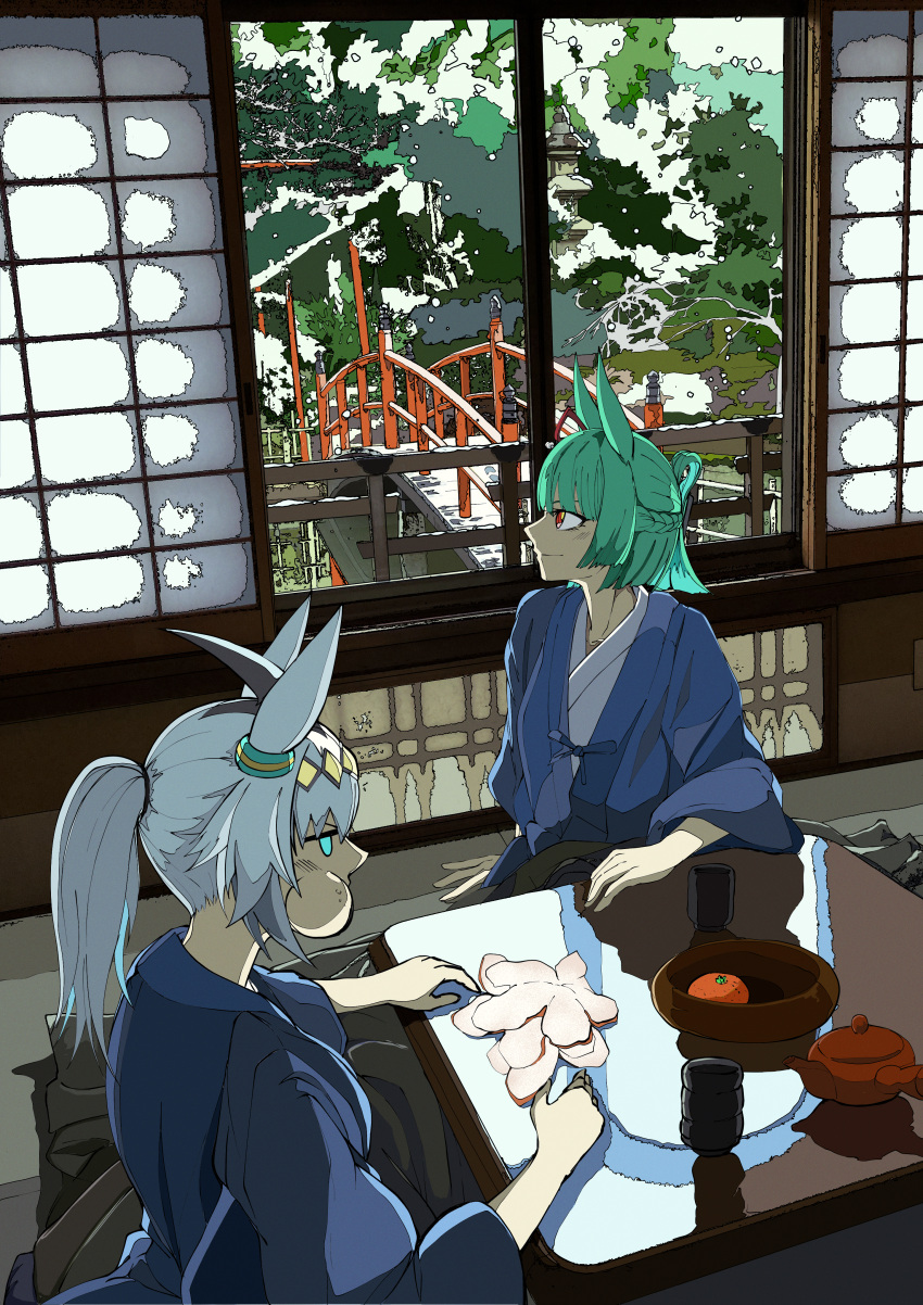 2girls, absurdres, ahoge, alternate_hairstyle, animal_ears, blue_eyes, blue_hair, braid