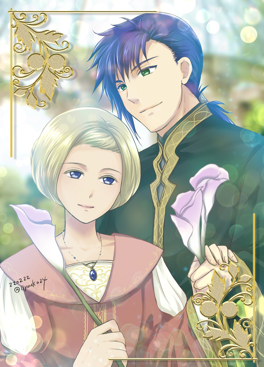 1boy, 1girl, absurdres, blonde_hair, blue_hair, dated, florencia_(honzuki_no_gekokujou), flower, gold_trim, green_eyes, highres, honzuki_no_gekokujou, jewelry, necklace, short_hair, sylvester_(honzuki_no_gekokujou), upper_body, wide_sleeves, yuuko24