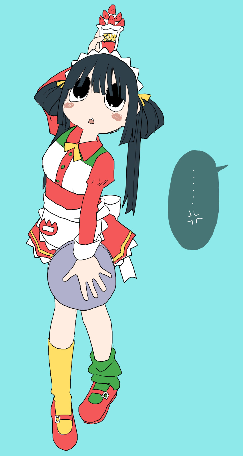 1girl, absurdres, anger_vein, apron, aqua_background, arm_up, asymmetrical_legwear, balancing_on_head