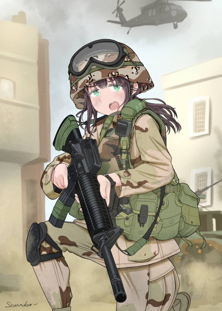 1girl, aircraft, artist_name, assault_rifle, black_hawk_down, blue_eyes, browning_m2, camouflage