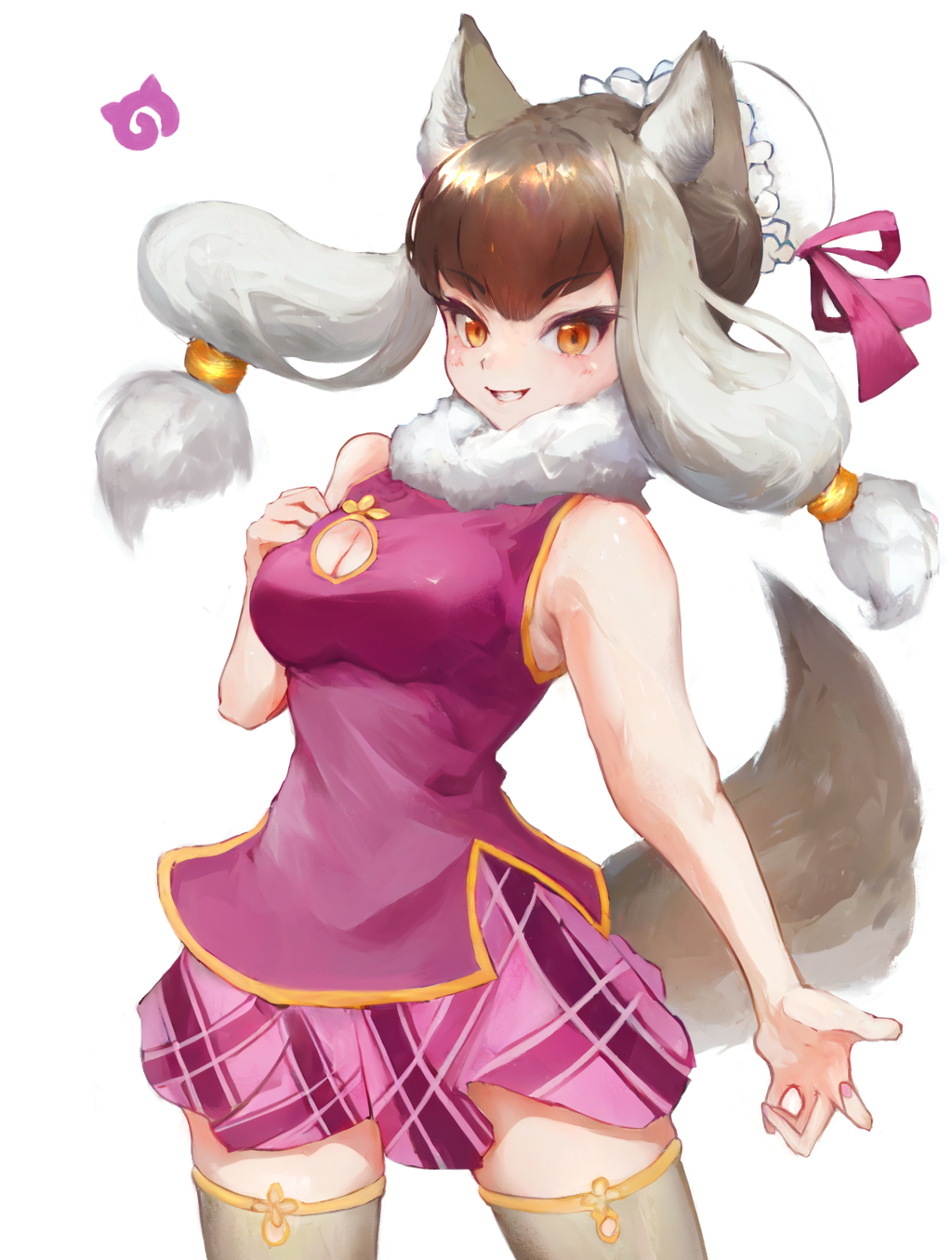 1girl, animal_ears, bare_shoulders, blush, brown_hair, china_dress, chinese_clothes, cleavage_cutout, clothing_cutout, cowboy_shot, dress, fur_collar, gold_trim, hair_bun, highres, jack4l, japari_symbol, kemono_friends, mongolian_wolf_(kemono_friends), multicolored_hair, orange_eyes, plaid, plaid_skirt, purple_shirt, purple_skirt, shirt, sidelocks, skirt, sleeveless, smile, tail, thigh-highs, twintails, white_fur, white_hair, white_thighhighs, wolf_ears, wolf_girl, wolf_tail, zettai_ryouiki