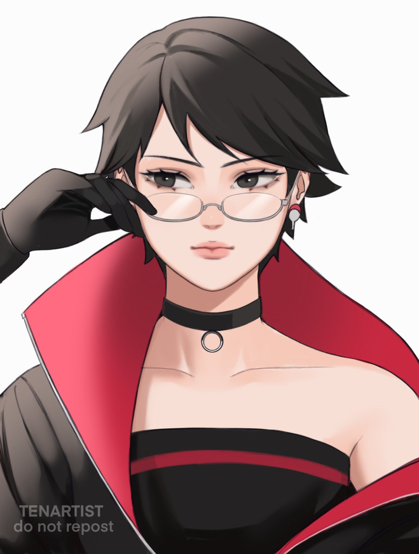 1girl, bare_shoulders, black_eyes, black_hair, boruto:_naruto_next_generations, boruto:_two_blue_vortex, choker, earrings, glasses, gloves, highres, jewelry, light_smile, looking_to_the_side, naruto_(series), short_hair, simple_background, strapless, tenartistt, timeskip, tube_top, uchiha_sarada, white_background