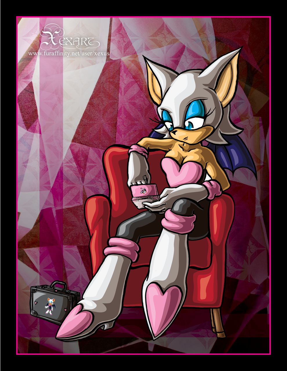 1girl, animal_ears, artist_logo, artist_name, bat_wings, blue_eyes, eyelashes, furaffinity_username, furry, gloves, heels, jpeg_artifacts, nintendo, playing_games, rouge_the_bat, sega, sitting, sofra, sonic_(series), wings