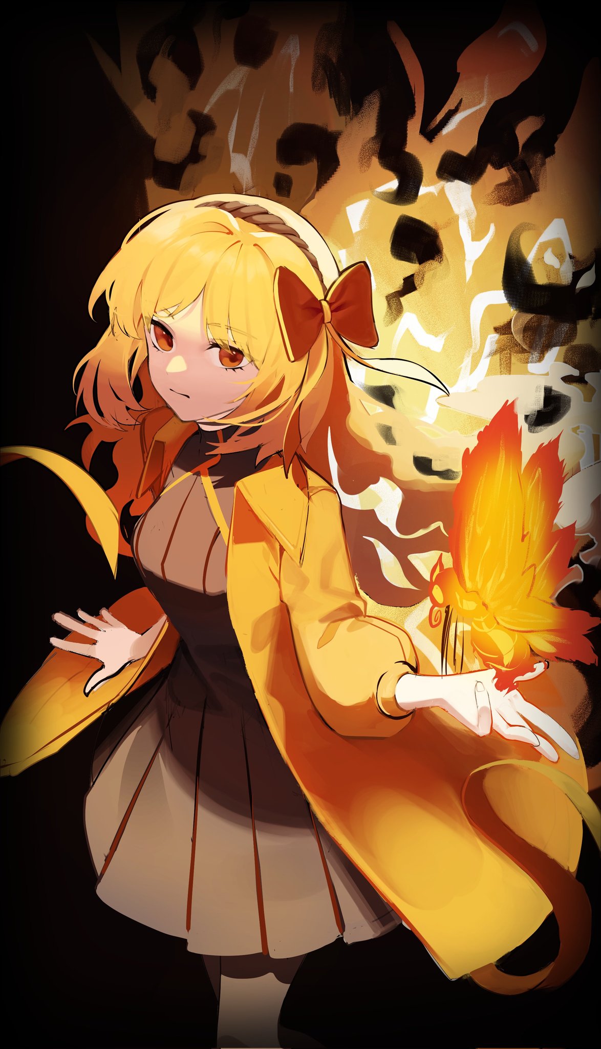 1girl, ardor_blossom_moth, black_background, black_dress, bow, brown_hairband, bug, closed_mouth