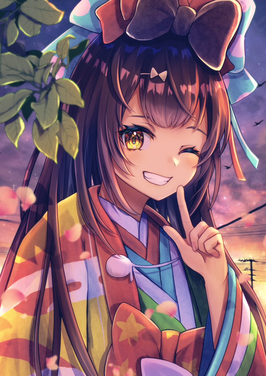 1girl, absurdres, black_hair, bow, fate/grand_order, fate_(series), grin, hair_bow