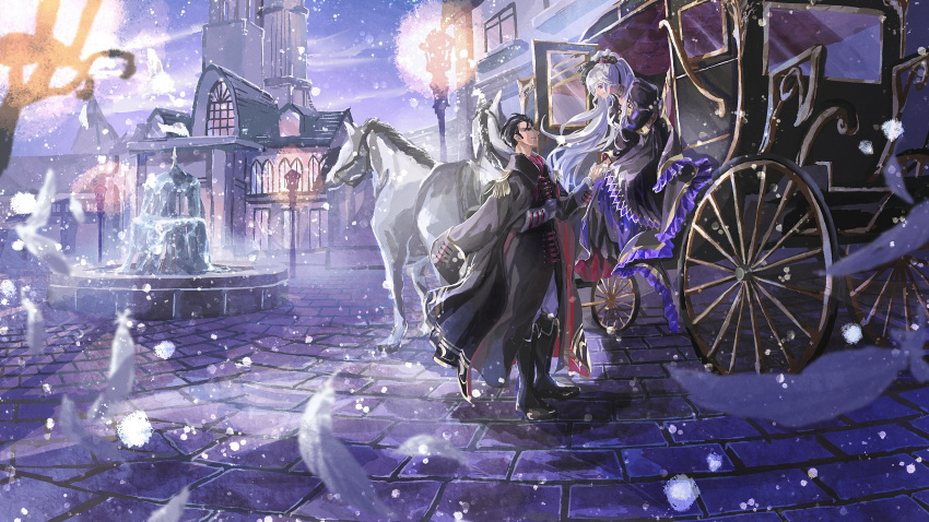 1boy, 1girl, absurdres, black_hair, canop_s, carriage, commission, commissioner_upload