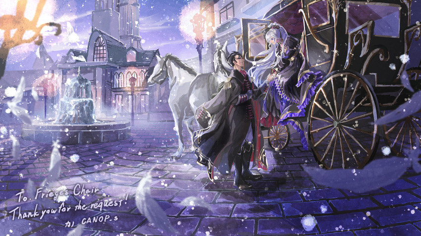 1boy, 1girl, absurdres, artist_name, black_hair, canop_s, carriage, commission