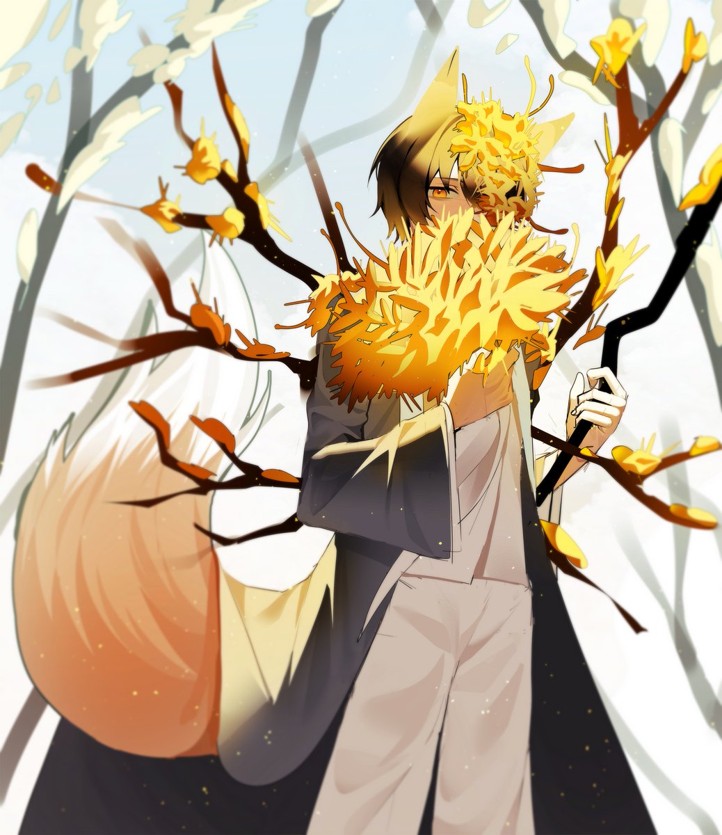 1boy, animal_ears, bare_tree, black_hair, branch, coat, covering_mouth, e.g.o_(project_moon), folding_fan, forest, fox_ears, fox_tail, grey_coat, hand_fan, hi_i_dubu, highres, holding, holding_branch, holding_fan, jacket, limbus_company, nature, pants, project_moon, snow, solo, tail, tree, white_jacket, white_pants, yellow_eyes, yi-sang_(limbus_company)