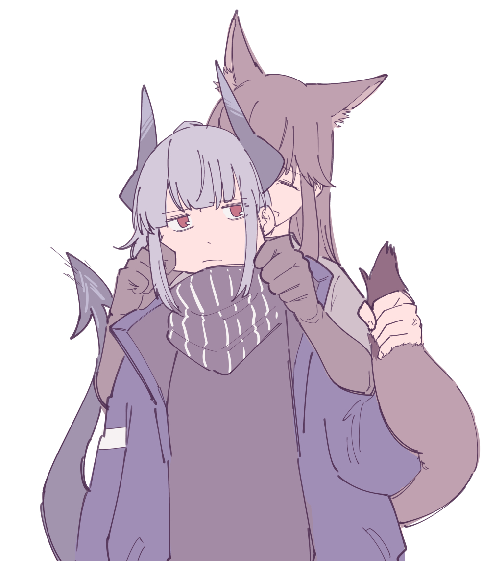 2girls, arknights, black_gloves, black_scarf, black_shirt, blue_jacket, brown_hair, cheek_pinching