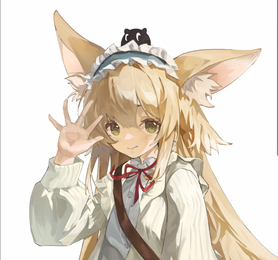 1girl, animal_ear_fluff, animal_ears, arknights, black_cat, blonde_hair, blue_hairband, ca_zi, cardigan, cat, chinese_commentary, closed_mouth, commentary_request, crossover, fox_ears, fox_girl, fox_tail, frilled_hairband, frills, green_eyes, hairband, heixiu, long_sleeves, looking_at_viewer, luo_xiaohei_zhanji, multiple_tails, neck_ribbon, official_alternate_costume, on_head, open_cardigan, open_clothes, puffy_long_sleeves, puffy_sleeves, red_ribbon, ribbon, shirt, simple_background, solo, suzuran_(arknights), suzuran_(spring_praise)_(arknights), tail, upper_body, waving, white_background, white_cardigan, white_shirt