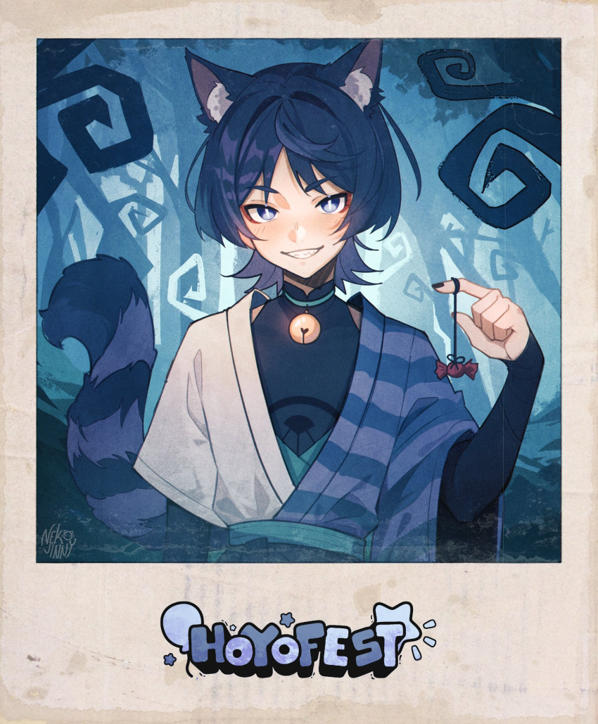 1boy, alice_in_wonderland, animal_ears, bell, black_nails, cat_boy, cat_ears, cat_tail