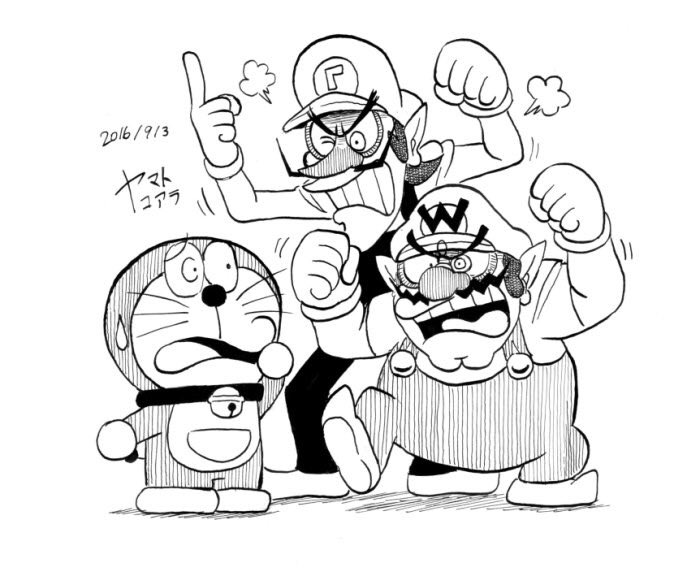 3boys, =3, bell, big_nose, buttons, cabbie_hat, clenched_hands, clenched_teeth, collar, commentary_request, dated, doraemon, doraemon_(character), facial_hair, foot_up, frown, gloves, greyscale, hand_ball, hand_to_own_mouth, hands_up, hat, height_difference, jingle_bell, koaraymt, letter, long_sleeves, monochrome, motion_lines, multiple_boys, mustache, open_mouth, overalls, pointing, pointy_ears, pointy_footwear, shadow, shirt, short_hair, signature, super_mario_bros., sweatdrop, teeth, thick_eyebrows, upper_teeth_only, v-shaped_eyebrows, waluigi, wario, whiskers, wide-eyed