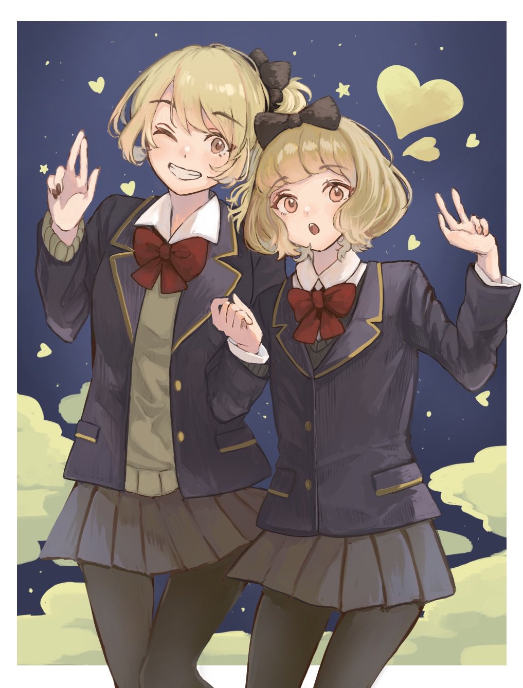 2girls, aramosaurus, black_bow, black_nails, black_pantyhose, blazer, blonde_hair, bow