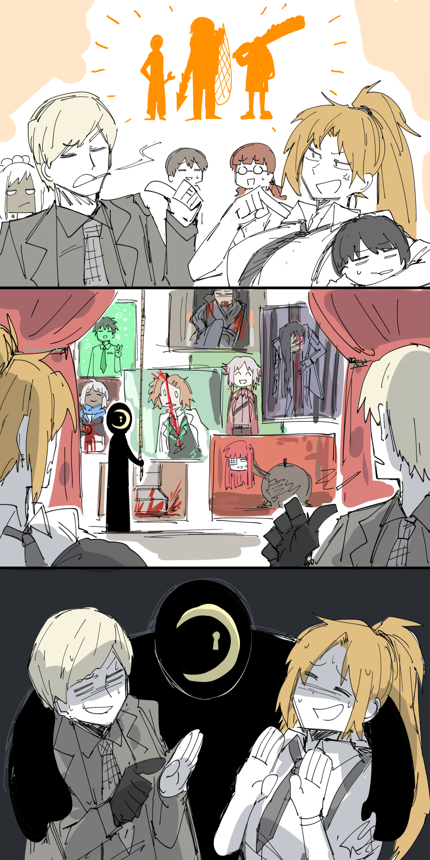 6+boys, 6+girls, aya_(limbus_company), bisected, black_gloves, black_hair, black_necktie, blonde_hair