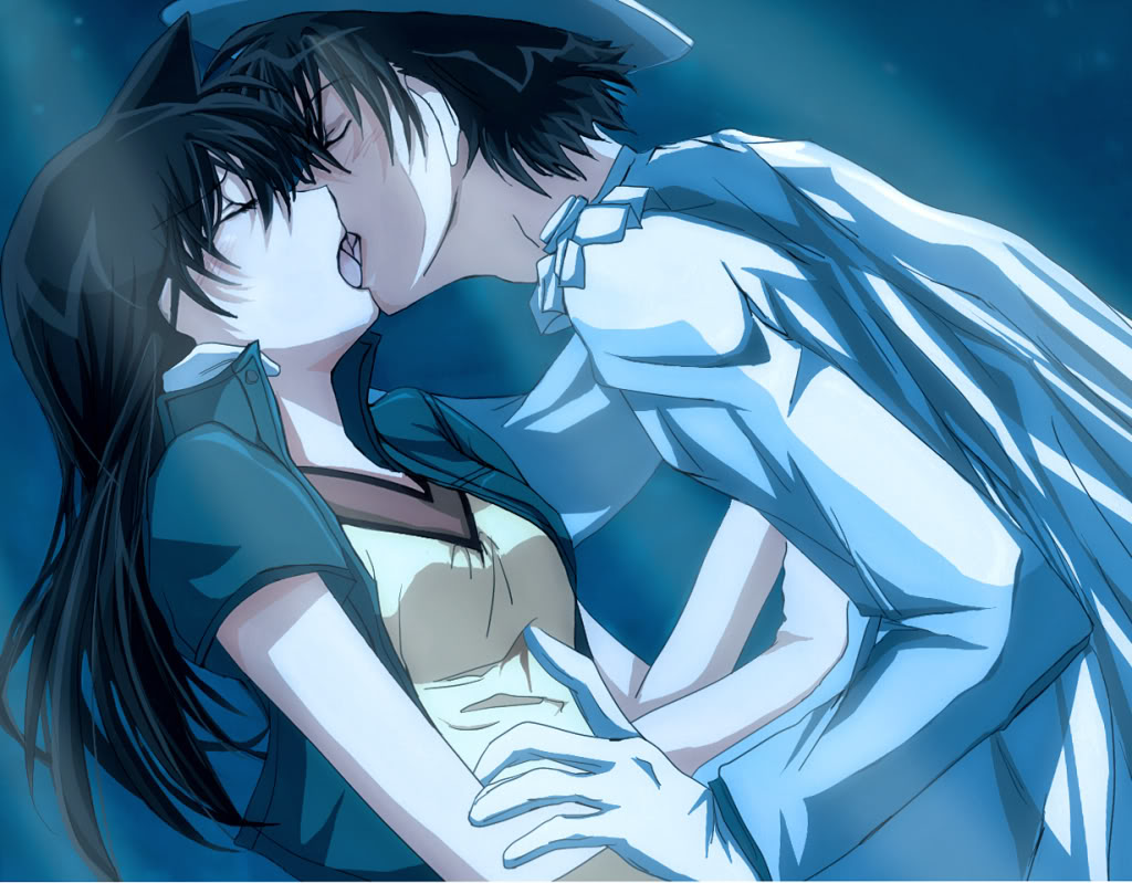 1girl, black_hair, cape, couple, detective_conan, french_kiss, gloves, hat
