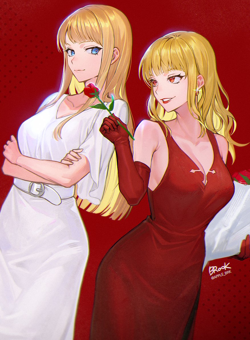 2girls, apple_brk, belt, blonde_hair, blue_eyes, bouquet, crossed_legs, dress
