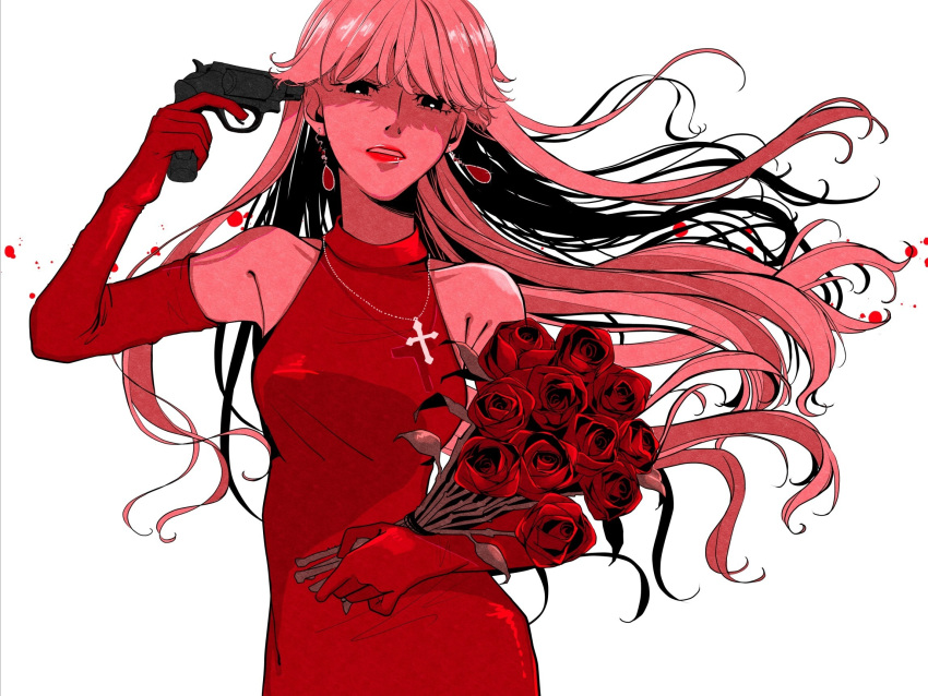 1girl, bouquet, cross, cross_necklace, dress, earrings, elbow_gloves, elysion, flower, gloves, gun_to_head, highres, jewelry, long_dress, long_hair, necklace, red_dress, red_flower, red_gloves, red_rose, rei0724, rose, solo, sound_horizon, stella_(sound_horizon)