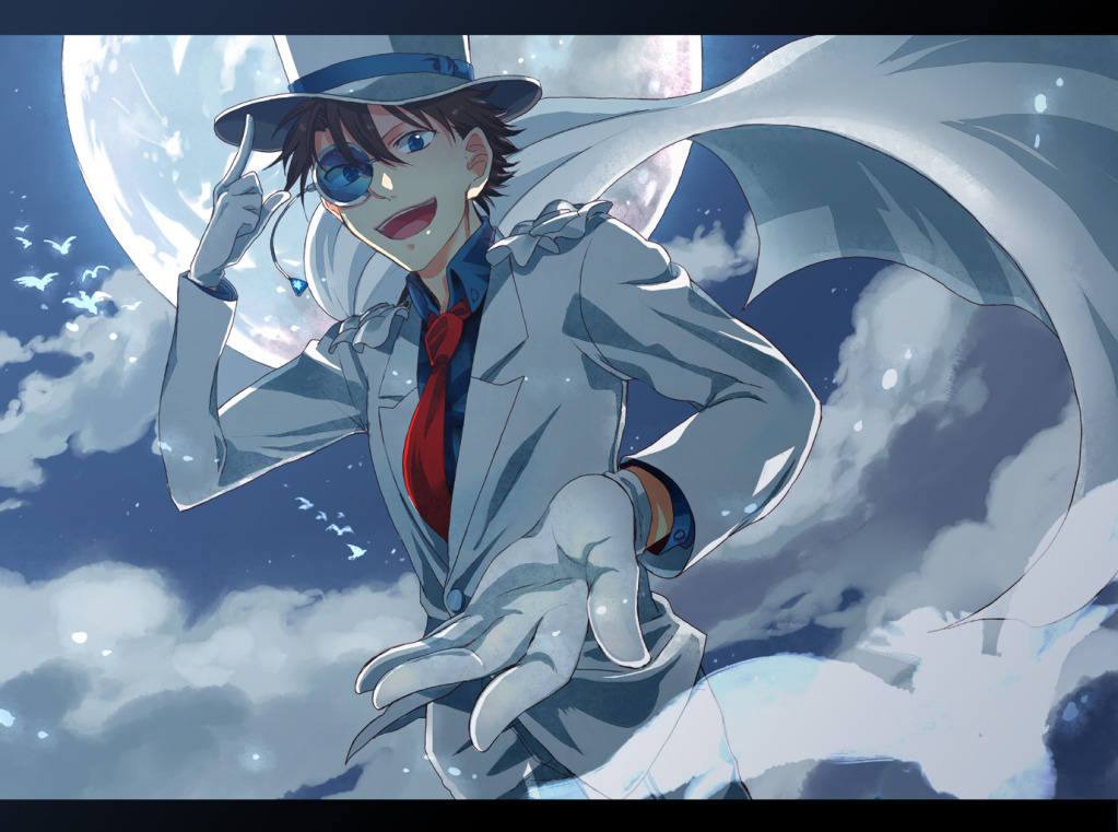 adjusting_hat, blue_eyes, cape, detective_conan, formal, gloves, happy, ikuryomaga