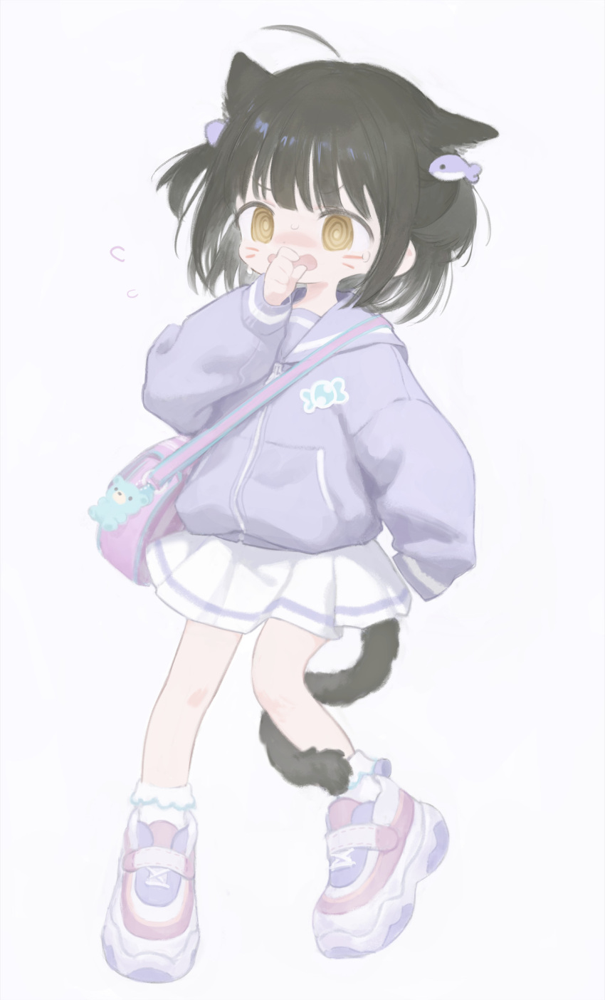 1girl, @_@, ahoge, animal_ears, bag, bag_charm, bear_charm, cat_ears, cat_girl, cat_tail, charm_(object), flying_sweatdrops, hair_ornament, hand_to_own_mouth, hand_up, highres, jacket, long_sleeves, looking_ahead, medium_hair, open_mouth, original, pleated_skirt, purple_jacket, purple_sailor_collar, sailor_collar, shipi-chan, sho_(sho_lwlw), shoes, shoulder_bag, simple_background, skirt, sneakers, solo, standing, standing_on_one_leg, sweat, tail, tail_around_own_leg, two_side_up, v-shaped_eyebrows, whale_hair_ornament, whiskers, white_background, white_skirt, yellow_eyes, zipper