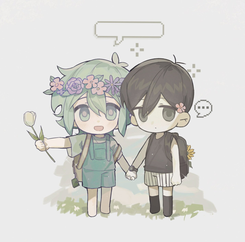 ..., 2boys, barefoot, basil_(omori), black_eyes, black_hair, black_socks, blackwh01396023