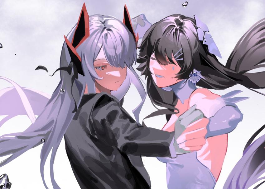 2girls, alpha_(punishing:_gray_raven), black_suit, closed_eyes, closed_mouth, collar, dancing, detached_collar