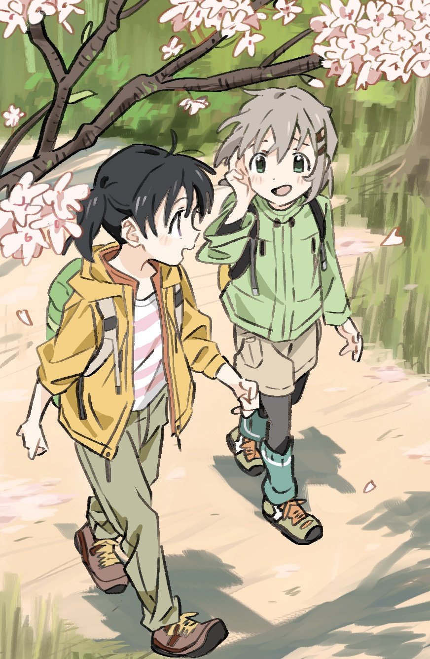 2girls, backpack, bag, black_hair, black_leggings, blush, cherry_blossoms, day
