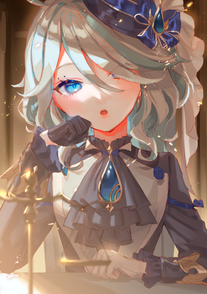 1girl, asymmetrical_gloves, black_gloves, blue_bow, blue_eyes, blue_headwear, blue_jabot, blue_shirt