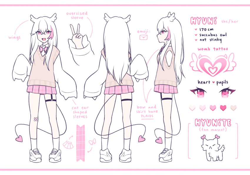 demon_girl, heart, heart_tail, highres, hyuni_(character), hyuni_(hyunicat), hyunite, indie_virtual_youtuber, multicolored_hair, original, owl_ears, owl_girl, pink_eyes, pink_hair, pink_skirt, pubic_tattoo, reference_sheet, school_uniform, skirt, tail, tattoo, two-tone_hair, v