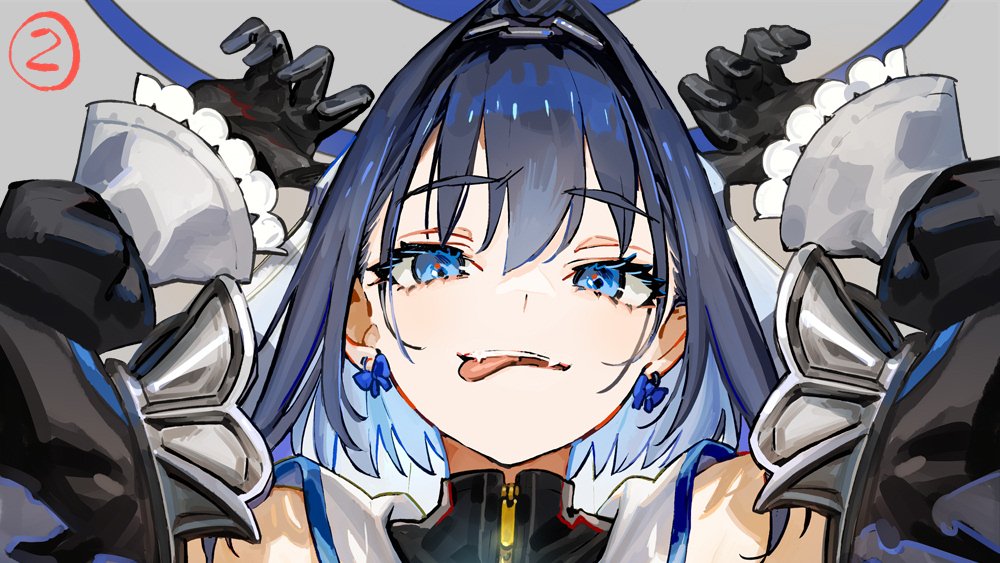 1girl, blue_eyes, blue_hair, breasts, chain_headband, earrings, fangs, hair_intakes
