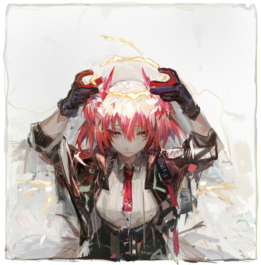 1girl, arknights, arms_up, black_gloves, black_jacket, black_skirt, border, chest_harness, chinese_commentary, closed_mouth, collared_shirt, commentary_request, fiammetta_(arknights), flaming_halo, frown, furrowed_brow, gloves, grey_background, hair_between_eyes, halo, harness, head_wings, highres, jacket, looking_at_viewer, multicolored_background, necktie, open_clothes, open_jacket, pipidan, raised_eyebrows, red_eyes, red_gloves, red_necktie, redhead, shirt, shirt_tucked_in, short_hair, skirt, sleeves_rolled_up, solo, straight-on, two-tone_gloves, upper_body, white_background, white_border, wings
