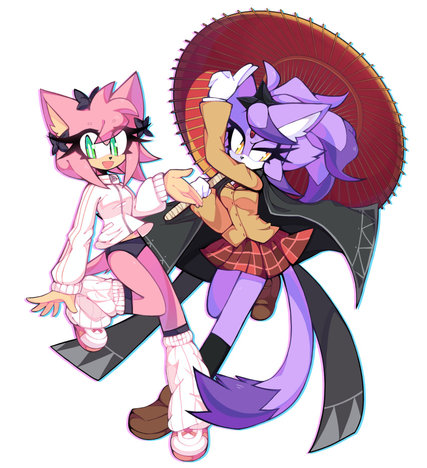 2girls, amy_rose, black_bow, blaze_the_cat, bow, brown_footwear, buruma, cape