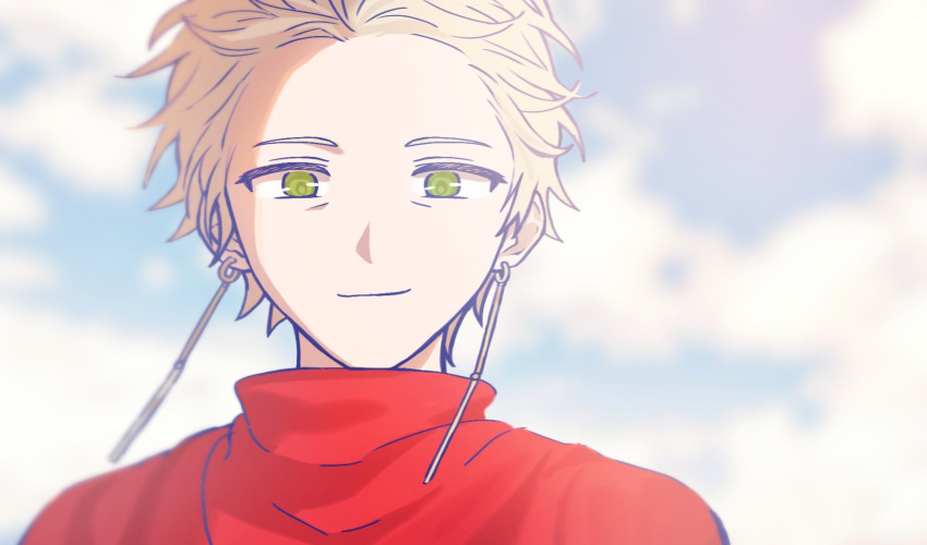 1boy, blonde_hair, blue_sky, closed_mouth, clouds, cloudy_sky, co_tsuu_e, commentary