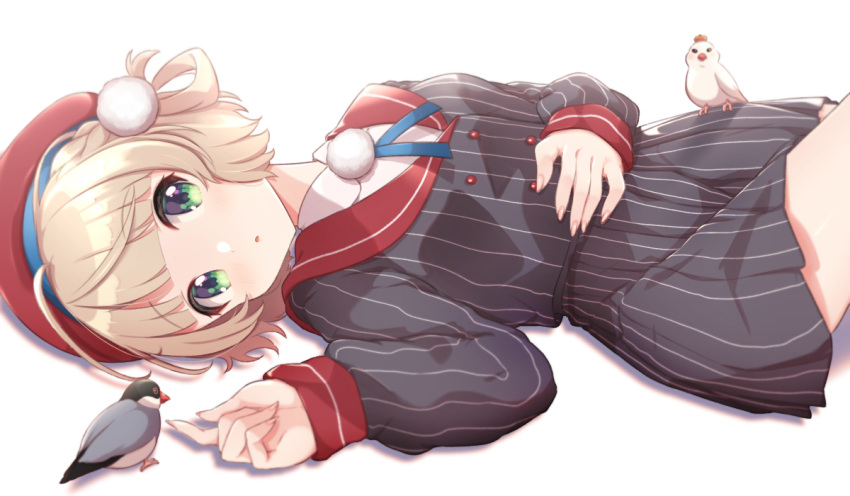 1girl, beret, bird, blue_ribbon, blunt_bangs, braid, buttons, collared_shirt