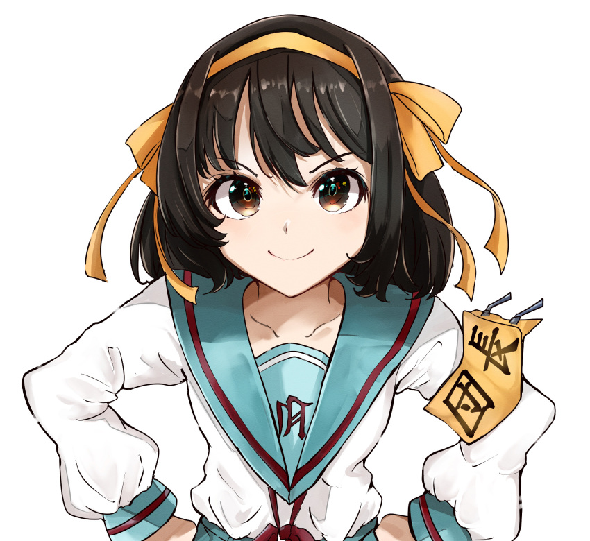 1girl, blue_sailor_collar, blue_skirt, bob_cut, bow, bowtie, brown_eyes, brown_hair