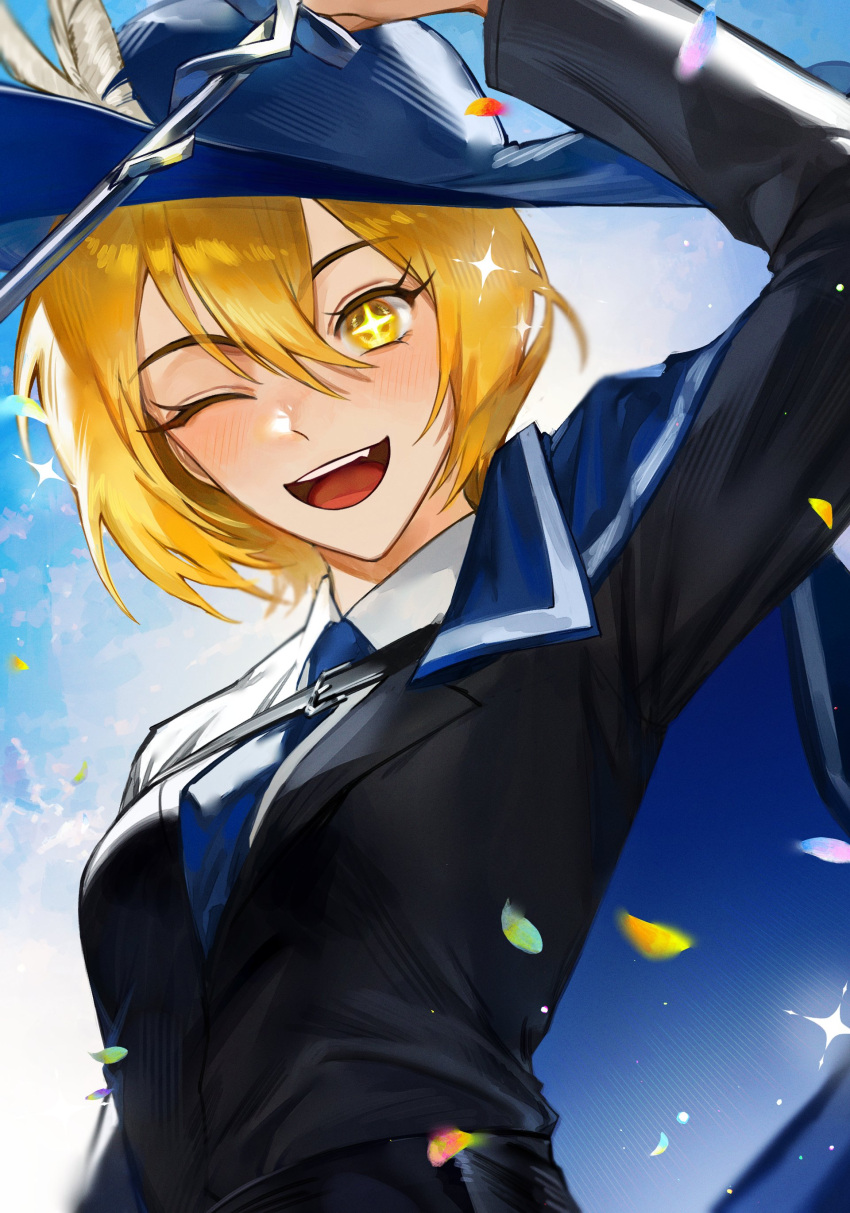 1girl, absurdres, black_jacket, blonde_hair, blue_cape, blue_headwear, blue_necktie, breasts