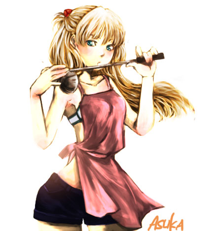bad_id, blonde_hair, blue_eyes, blush, bra, evangelion:_2.0_you_can_(not)_advance, holding, ladle, lingerie, long_hair, lowres, neon_genesis_evangelion, rebuild_of_evangelion, rokino, shikinami_asuka_langley, shorts, simple_background, solo, souryuu_asuka_langley, underwear