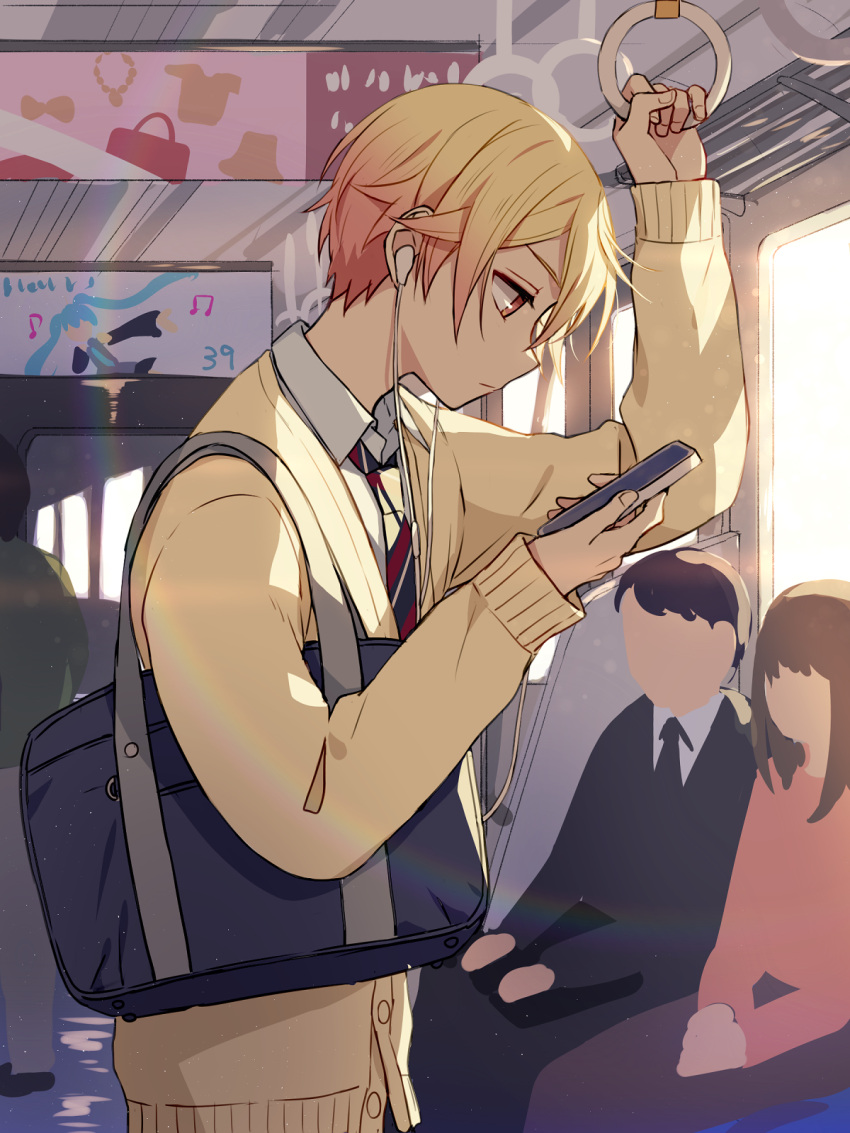 1girl, 1other, 2boys, 39, ad, aqua_hair, arm_up, bag