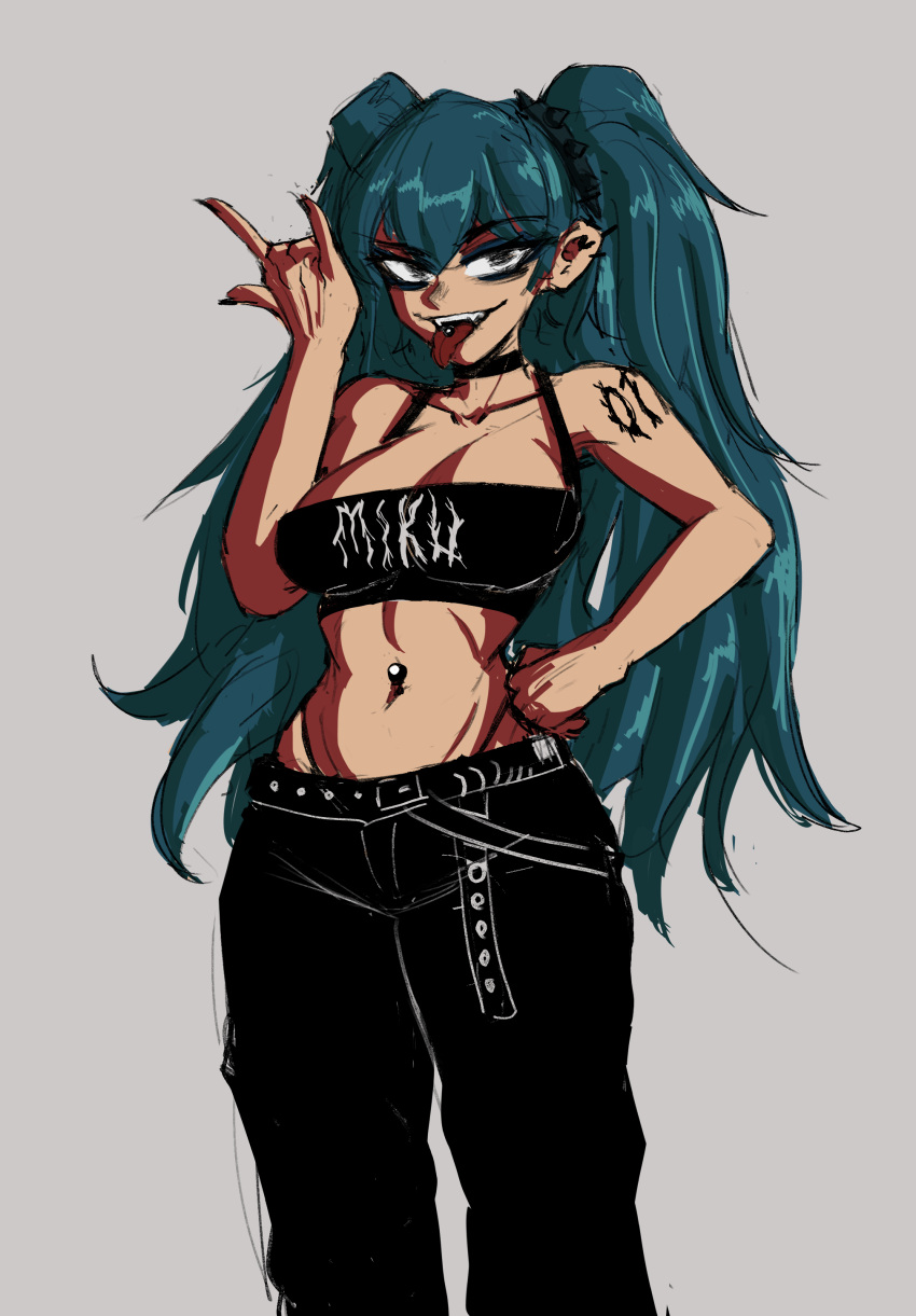absurdres, black_choker, blue_hair, choker, crazy_smile, crop_top, gothic, hagane_miku